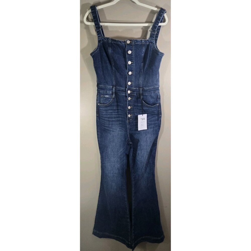 Women's Dark Blue Denim Button-Front Jeans Overalls